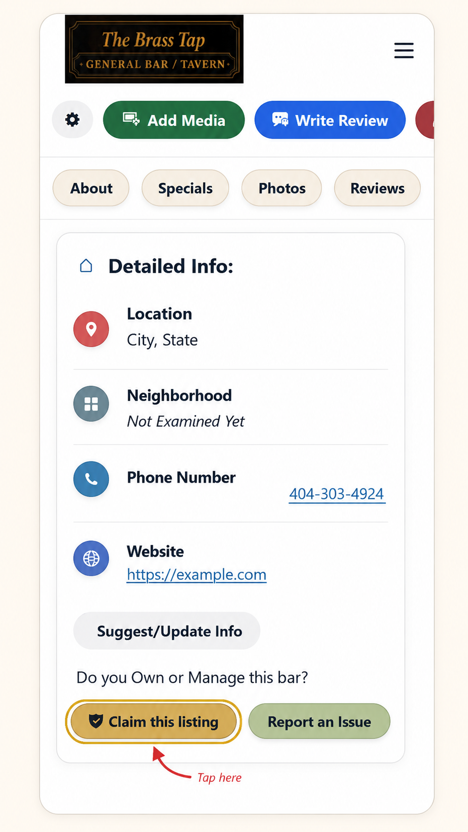 Detailed Info section showing where to tap Claim this listing