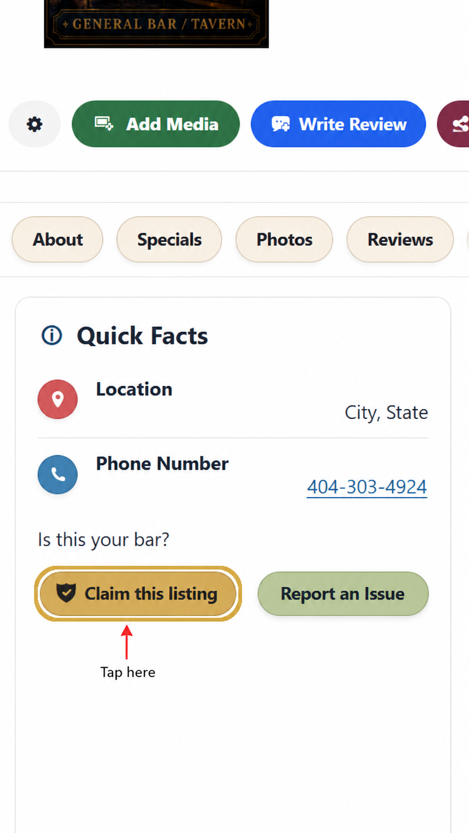 Quick Facts section showing where to tap Claim this listing